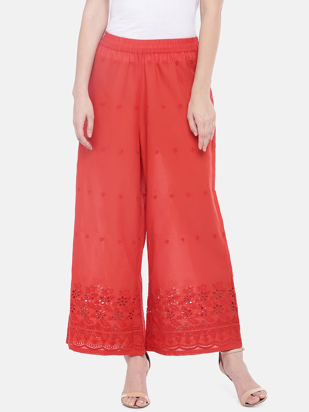 

Globus Women Red Loose Fit Self Design Anti Fit Trousers