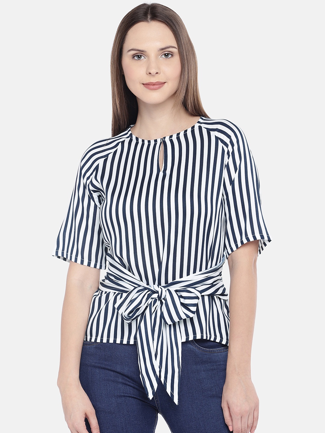 

Globus Women Navy Blue & White Striped Cinched Waist Top