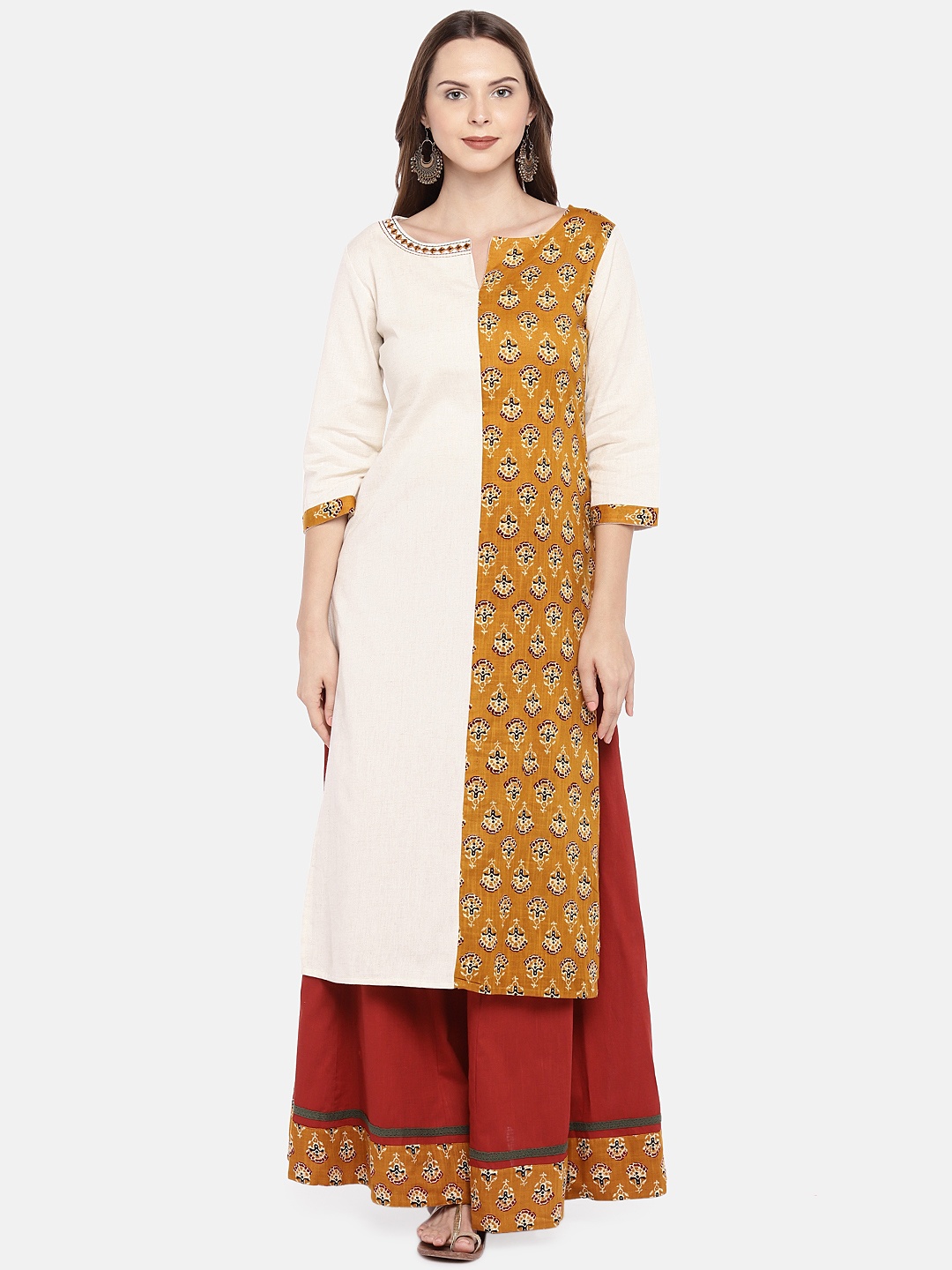 

Globus Women Beige & Mustard Printed Straight Kurta