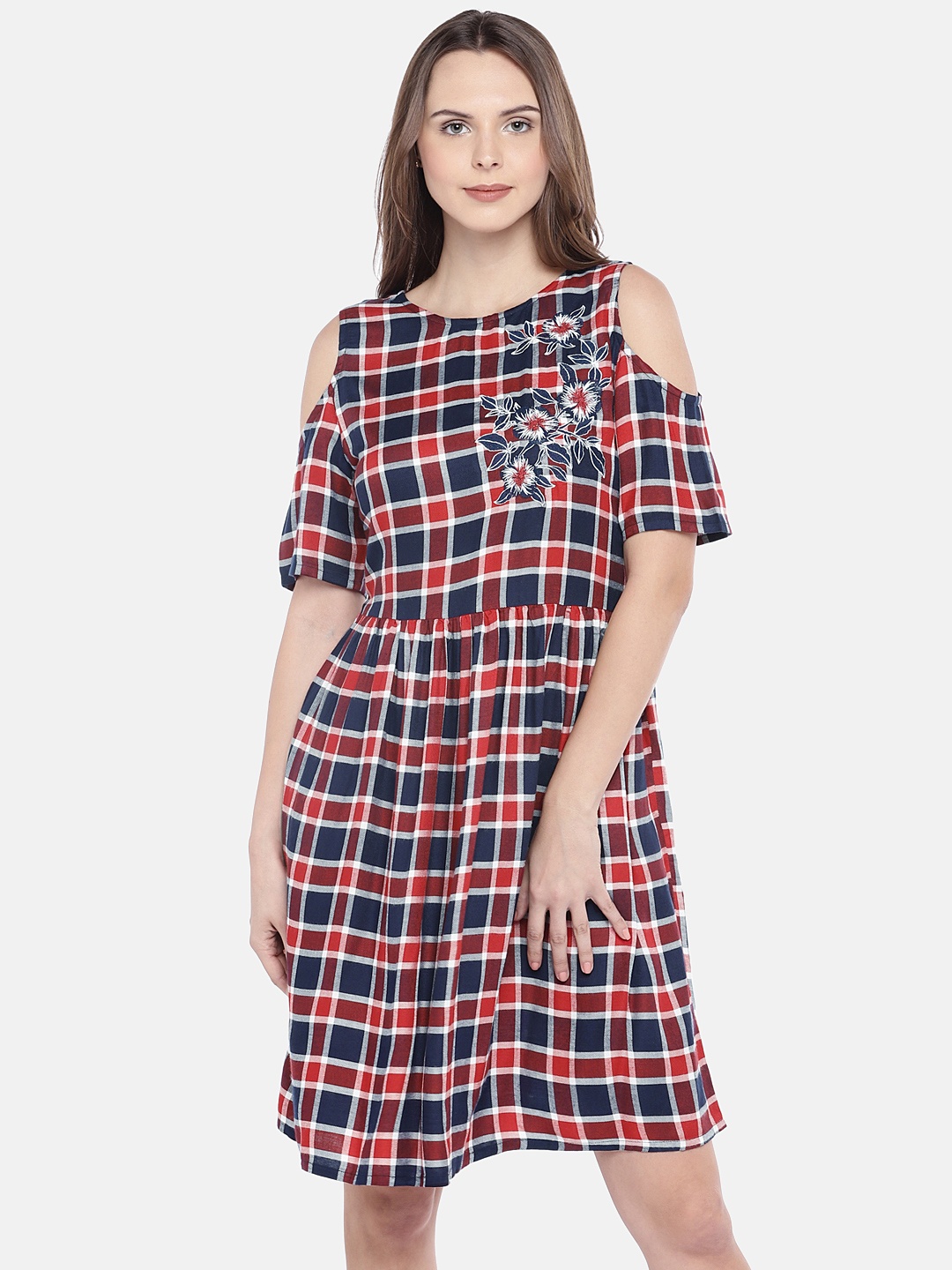 

Globus Women Navy Blue Checked Fit and Flare Dress