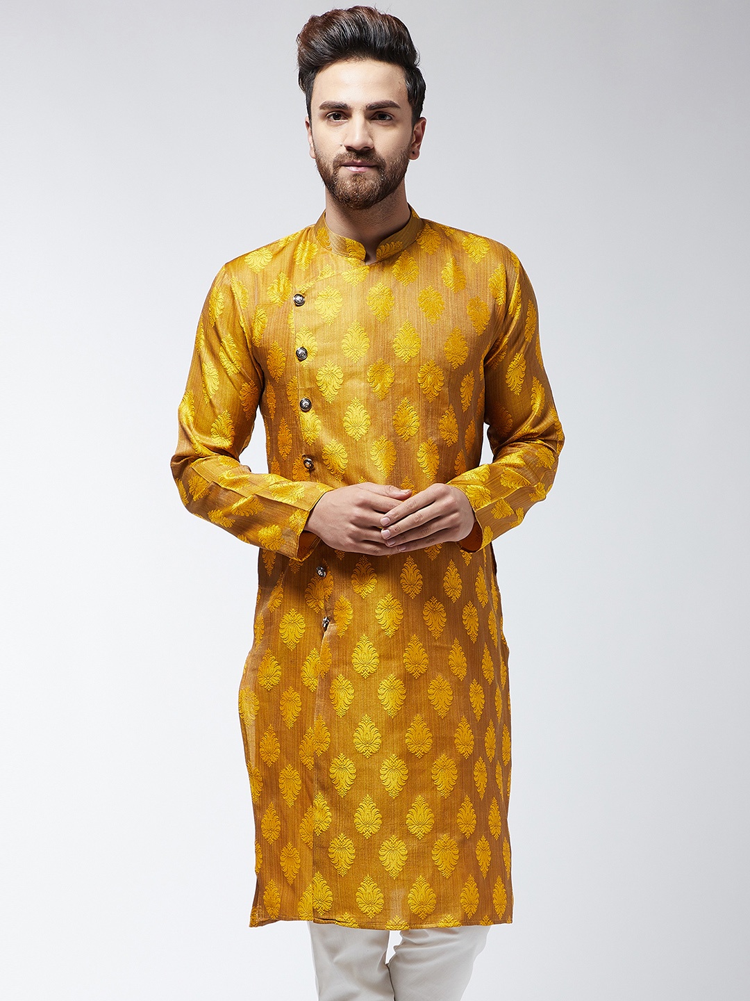 

SOJANYA Men Mustard Jacquard Silk Embroidered Straight Kurta