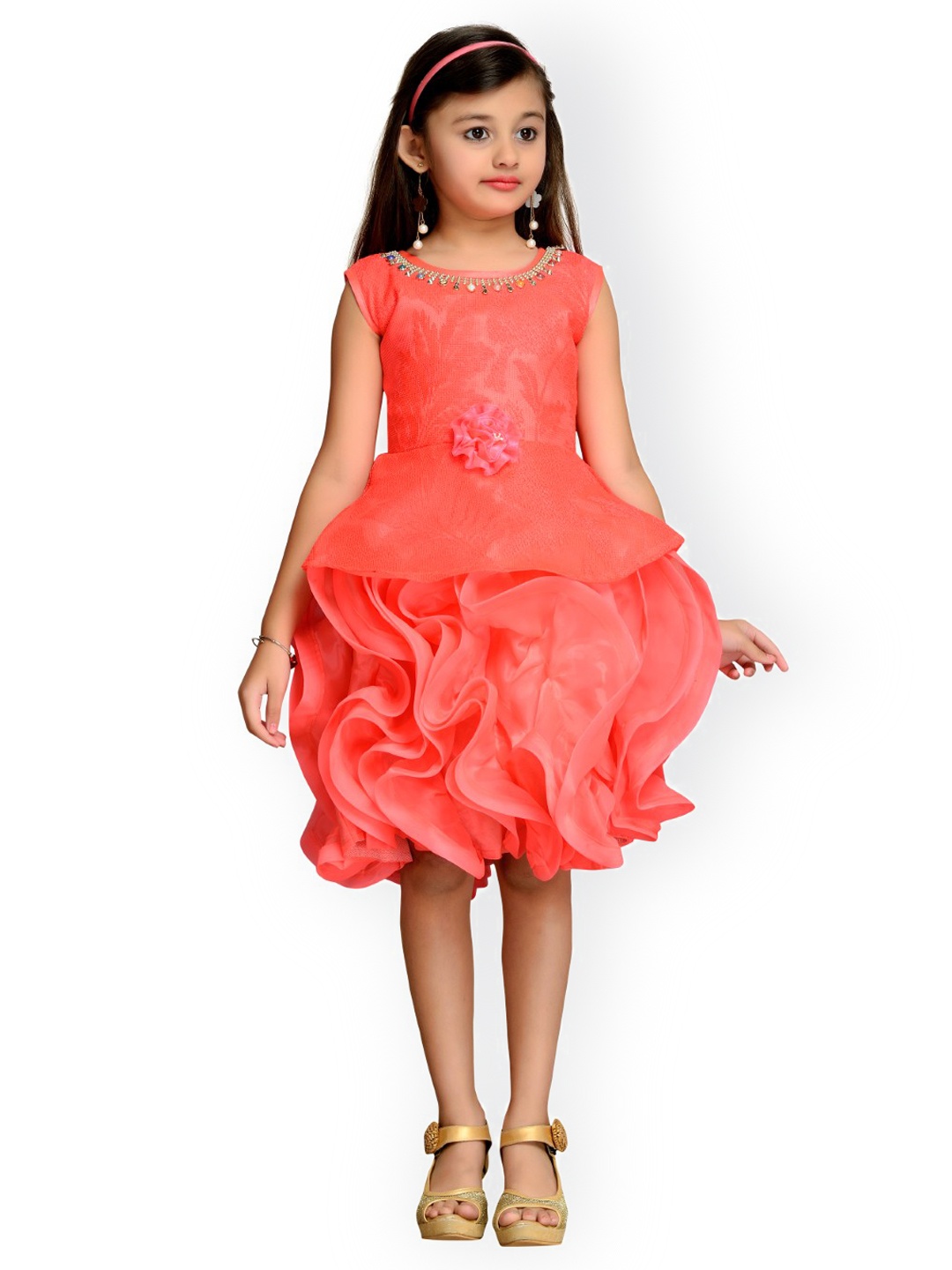 

Kidling Girls Peach-Coloured Self Design Fit and Flare Dress