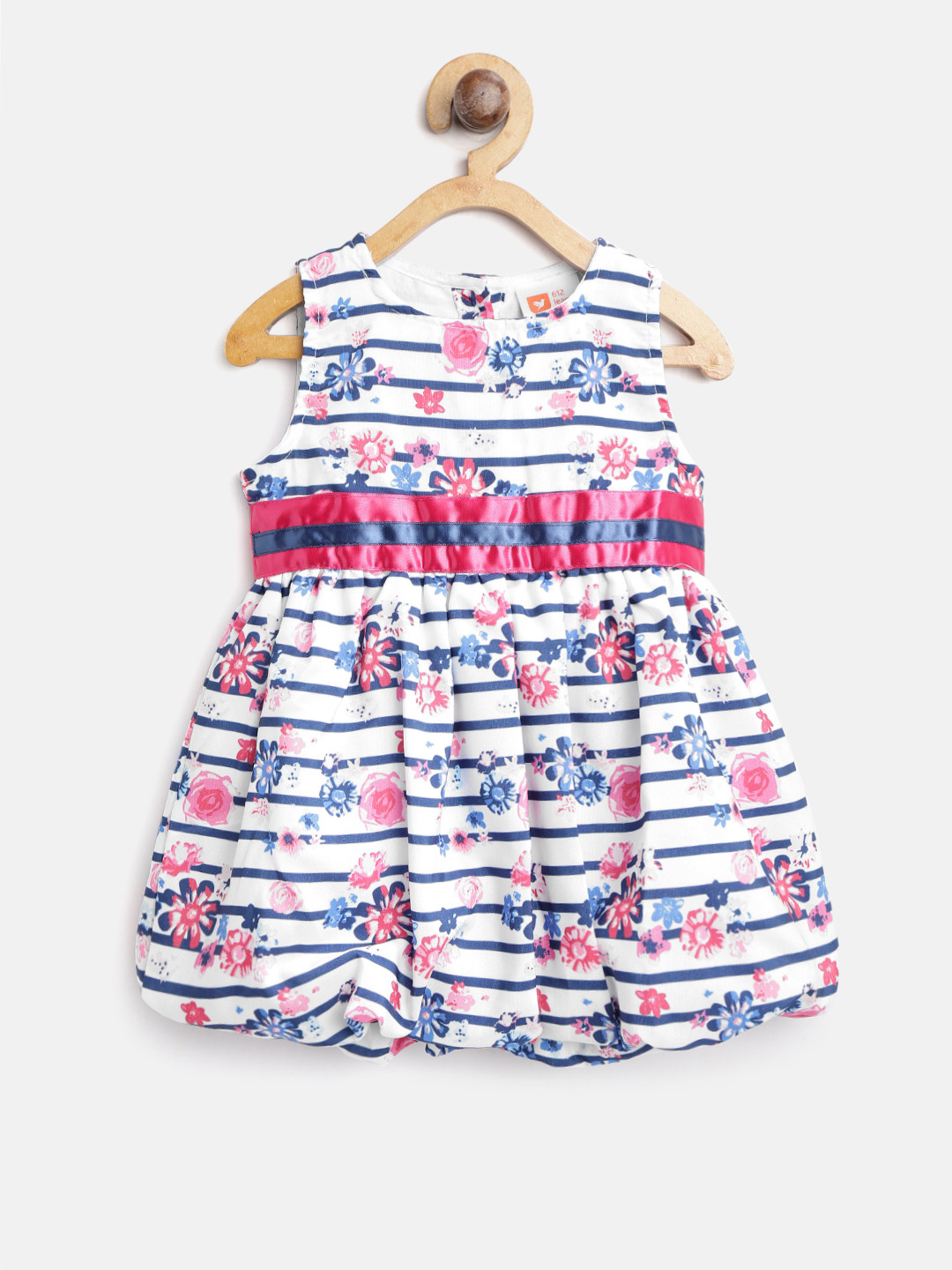 

612 league Girls White & Blue Striped Balloon Dress