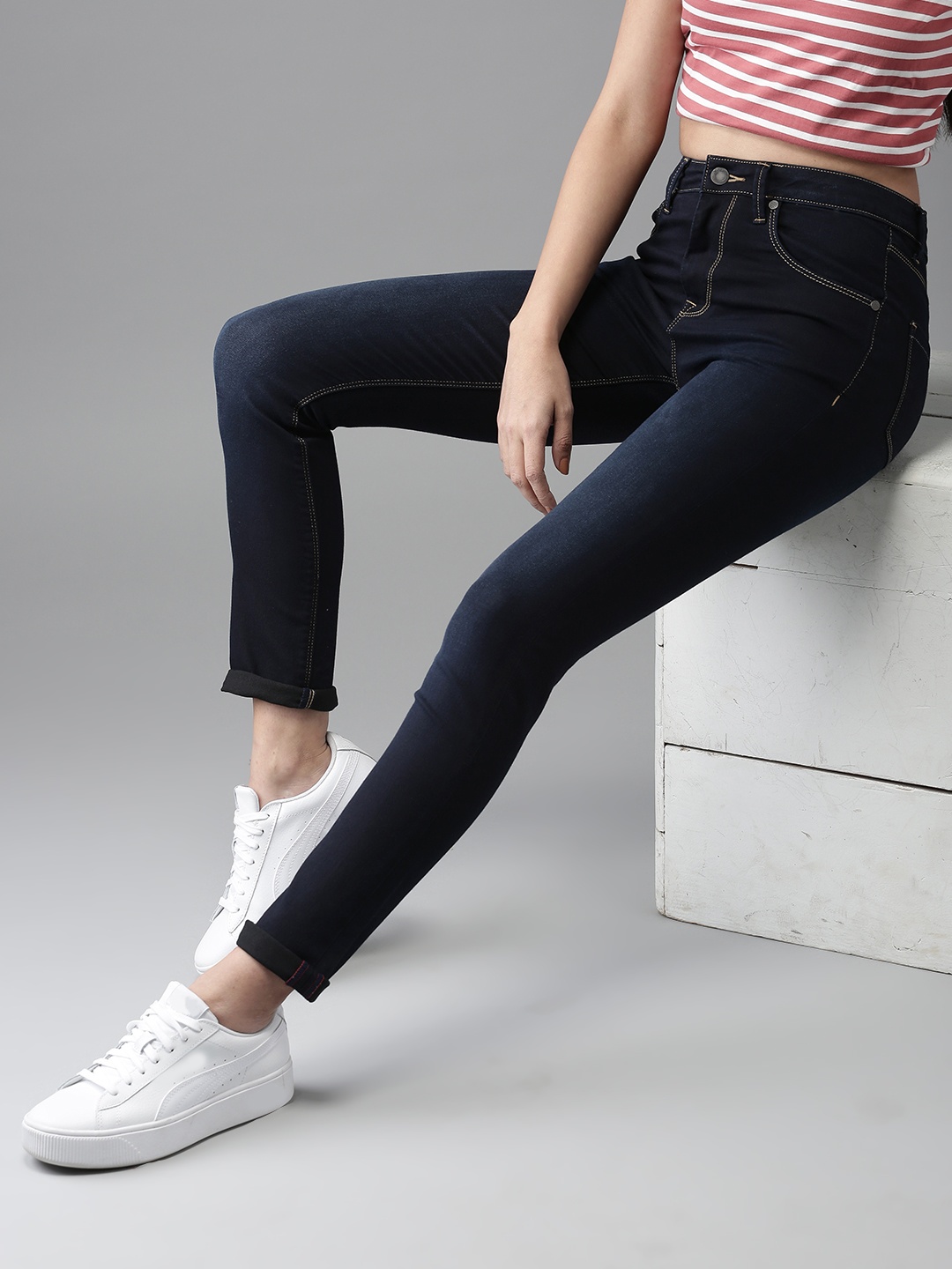 

HERE&NOW Women Deep Blue High-Rise Skinny Jeans, Navy blue