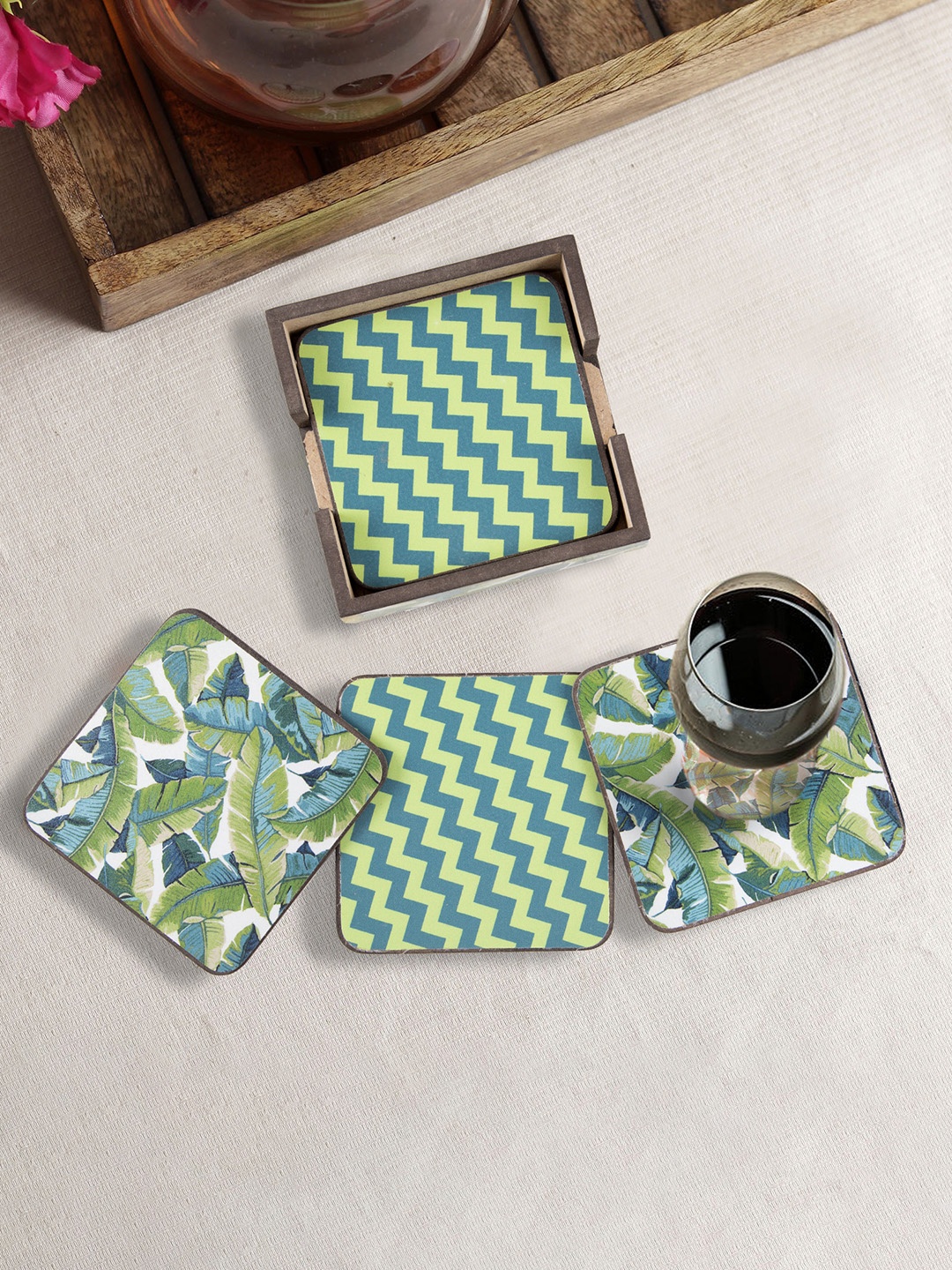 

HOUZZCODE Set of 6 White & Green Printed Coasters with Stand