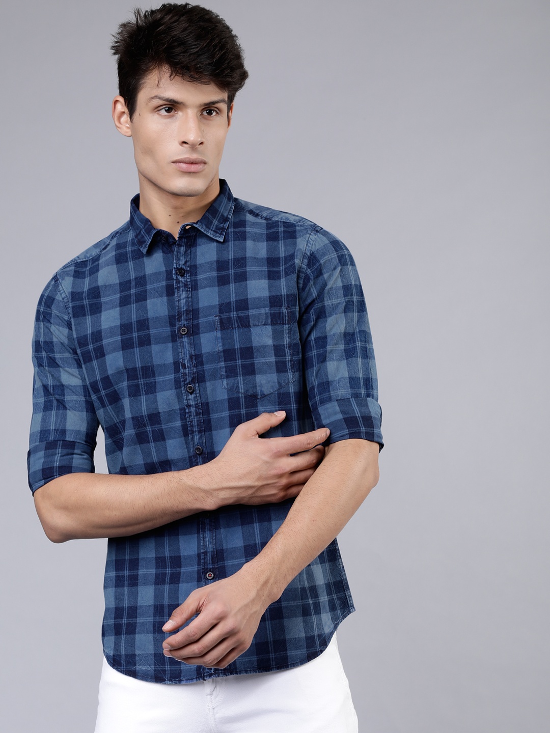 

HIGHLANDER Men Blue Slim Fit Checked Casual Shirt