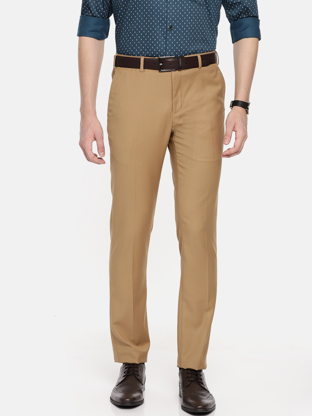 

Raymond Men Khaki Slim Fit Self Design Formal Trousers