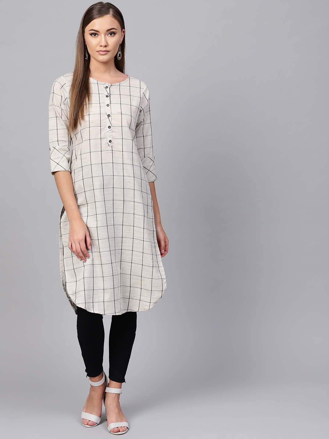 

Indo Era Women Grey Checked A-Line Kurta