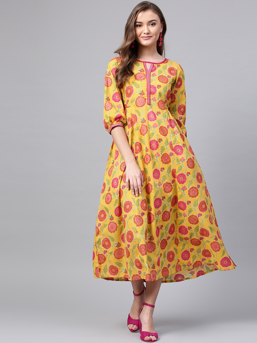 

Varanga Women Yellow & Pink Printed A-Line Dress