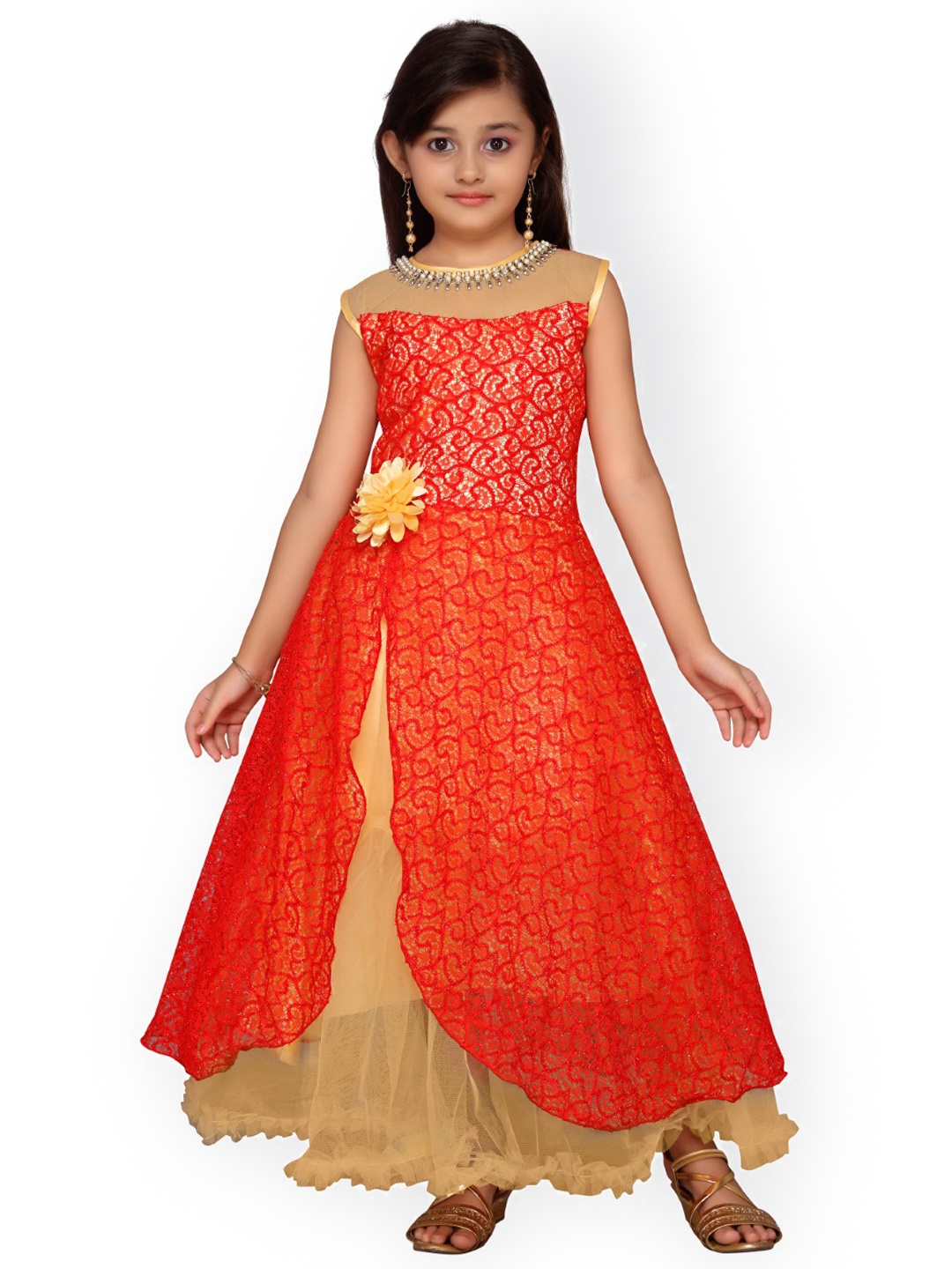 

Kidling Girls Red Self Design Fit and Flare Dress
