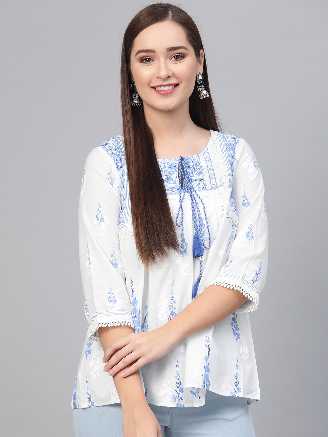 

W Women White & Blue Printed A-Line Pure Cotton Top