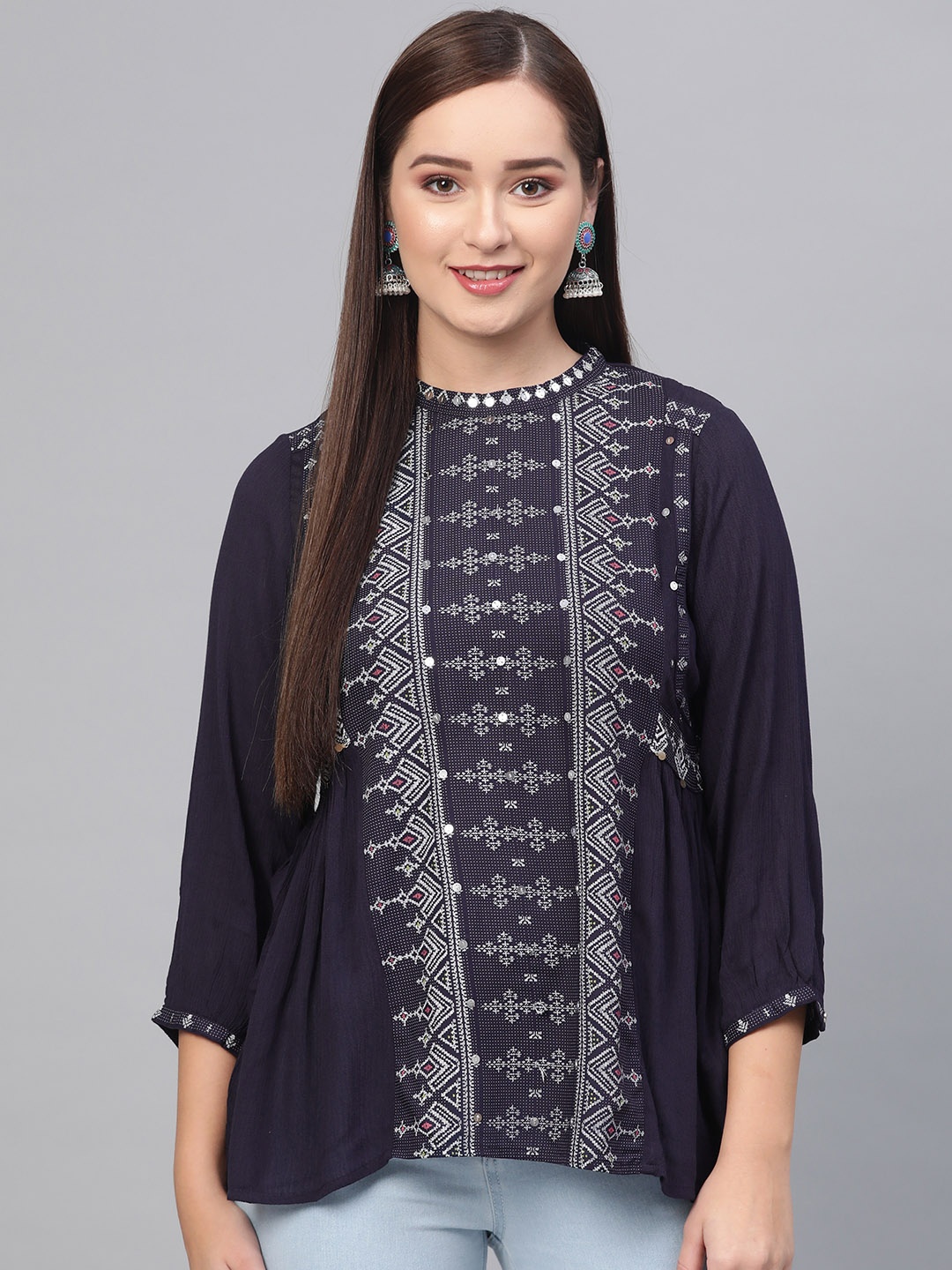 

W Women Navy Blue & Grey Printed A-Line Top