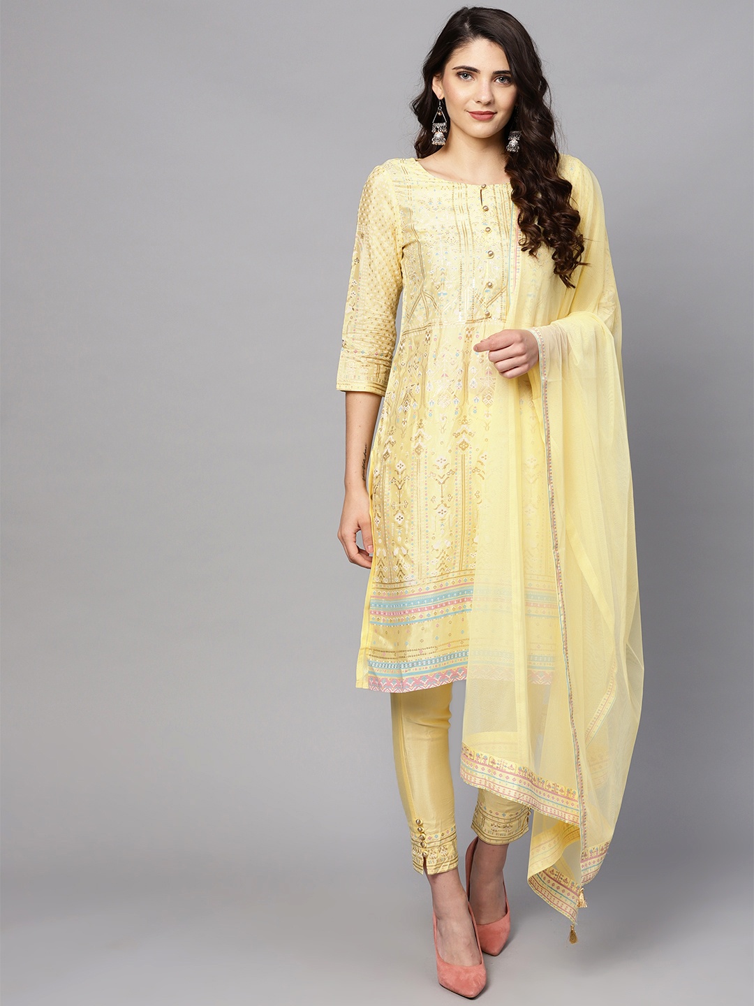 

W Women Yellow & Printed Kurta with Trousers & Dupatta