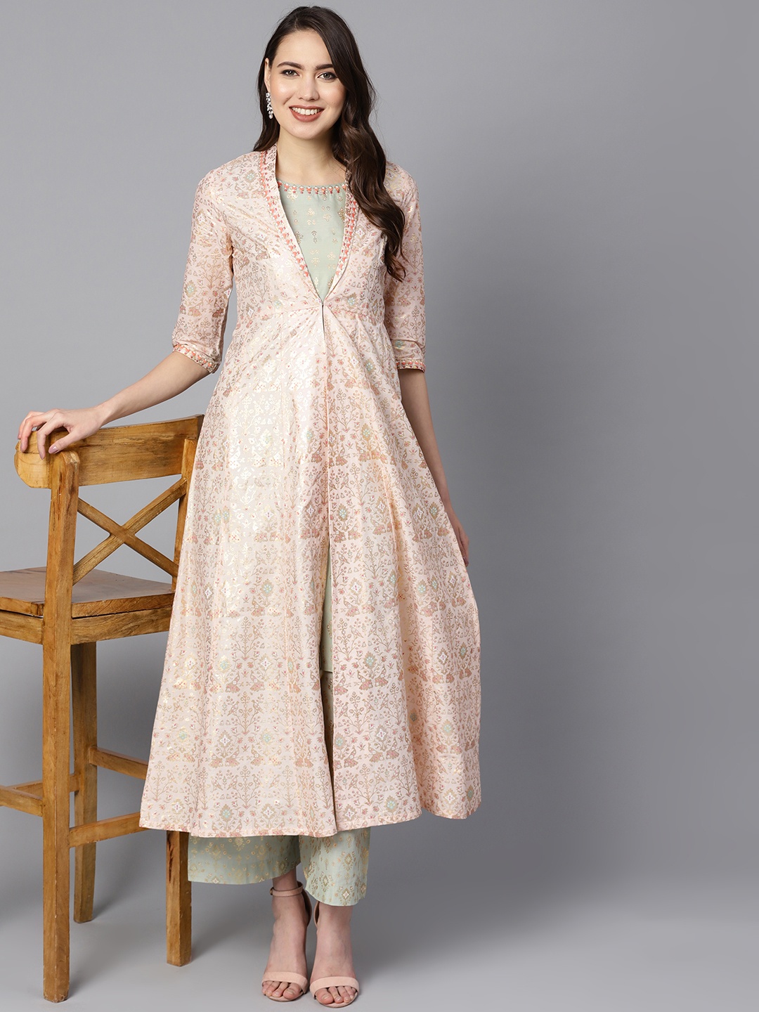 

W Women Green & Pink Printed Kurta with Palazzos