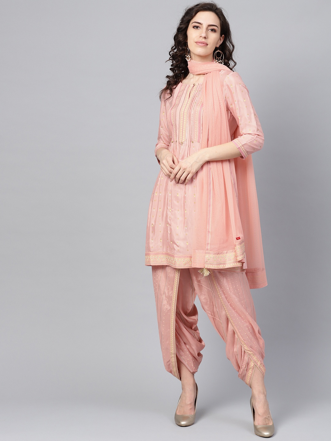 

W Women Peach-Coloured Printed Kurta with Dhoti Pants & Dupatta