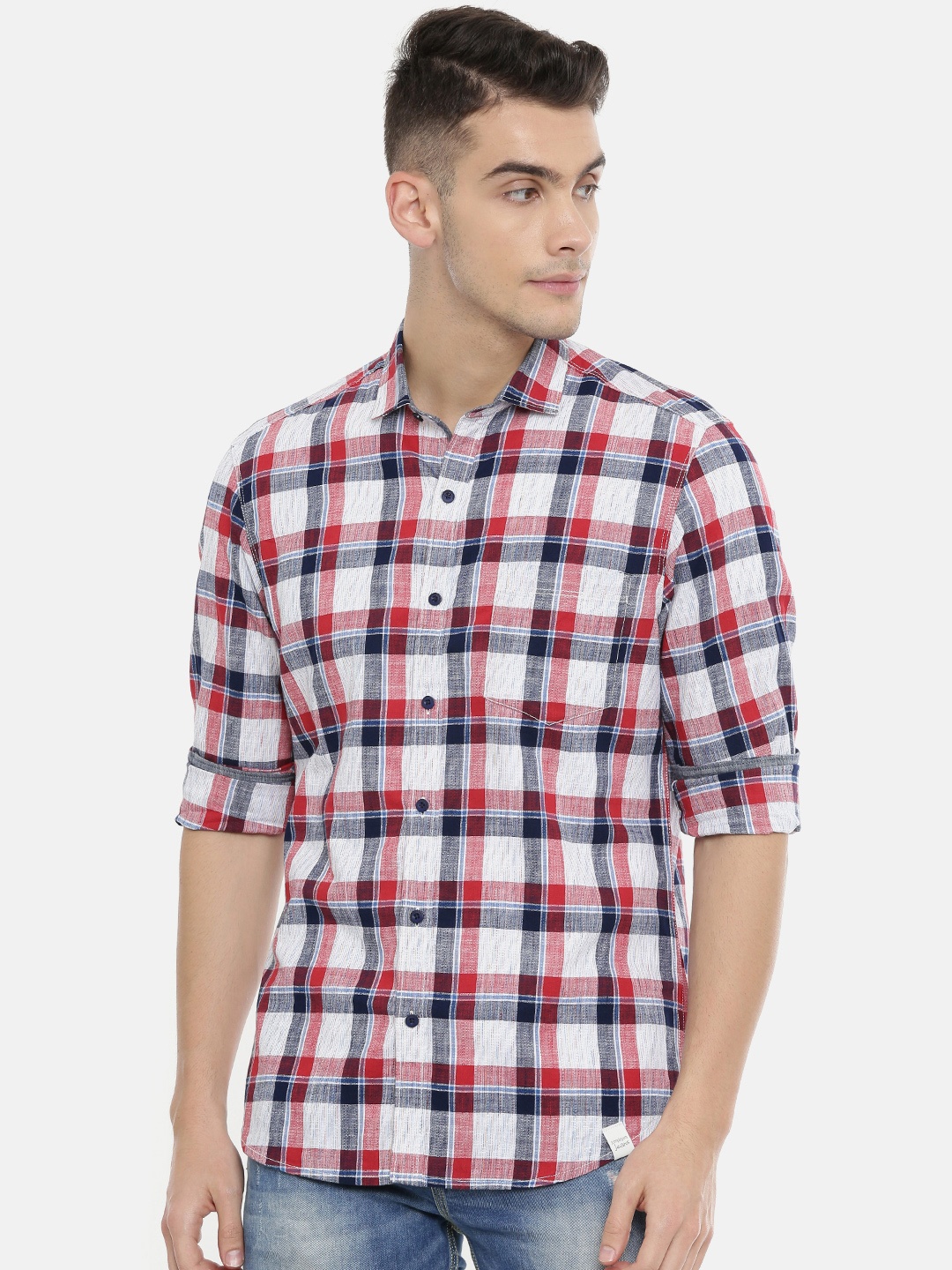 

John Players Men Red & Navy Blue Trim Fit Checked Casual Shirt