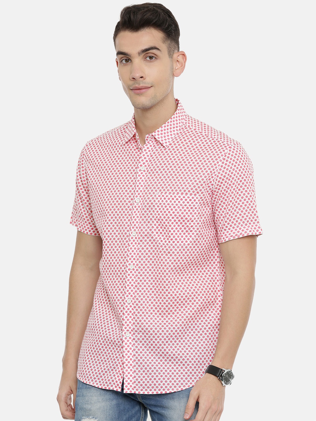 

John Players Men Red & White Trim Fit Printed Casual Shirt