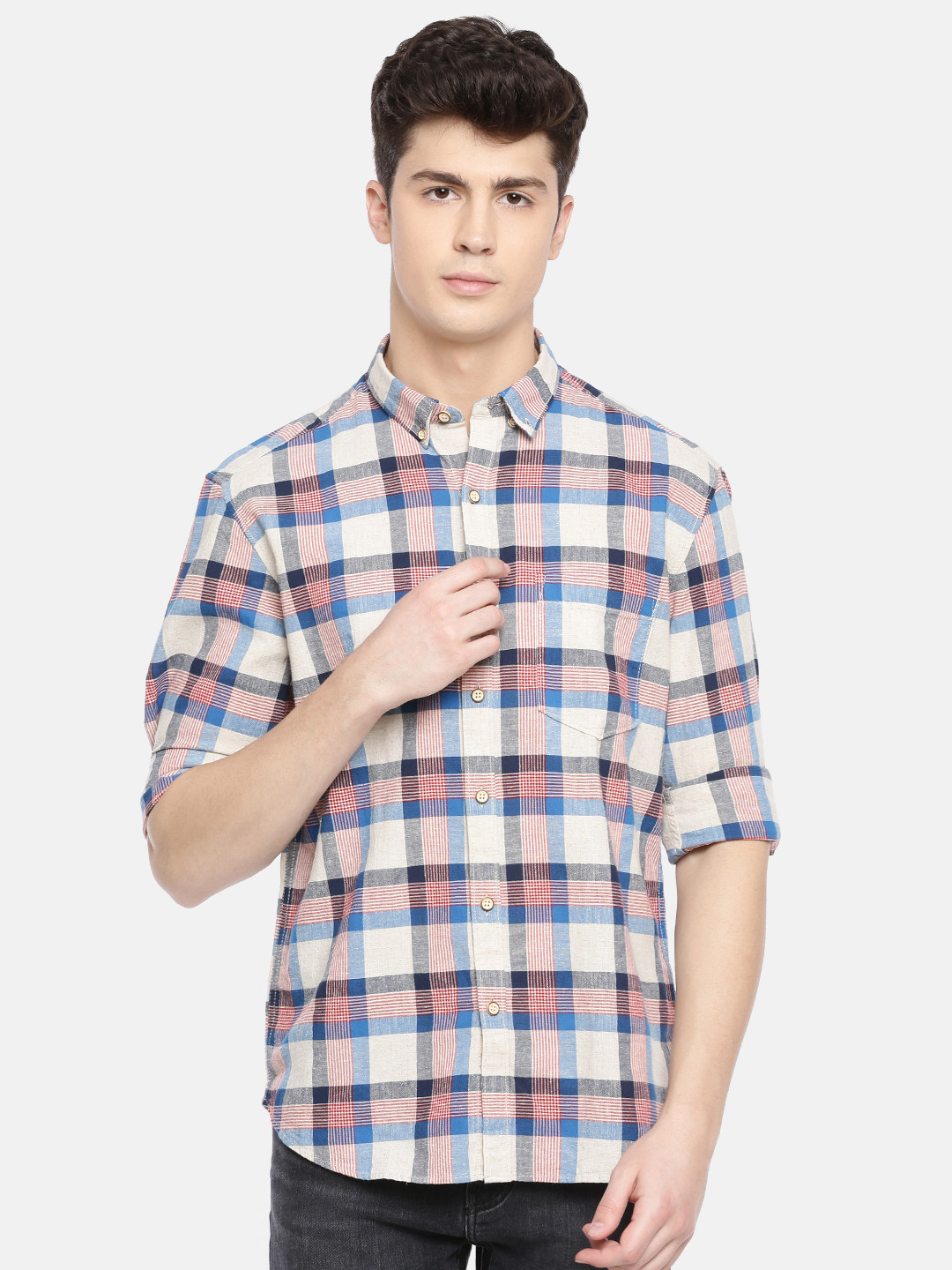 

John Players Men Beige & Red Trim Fit Checked Casual Linen Shirt