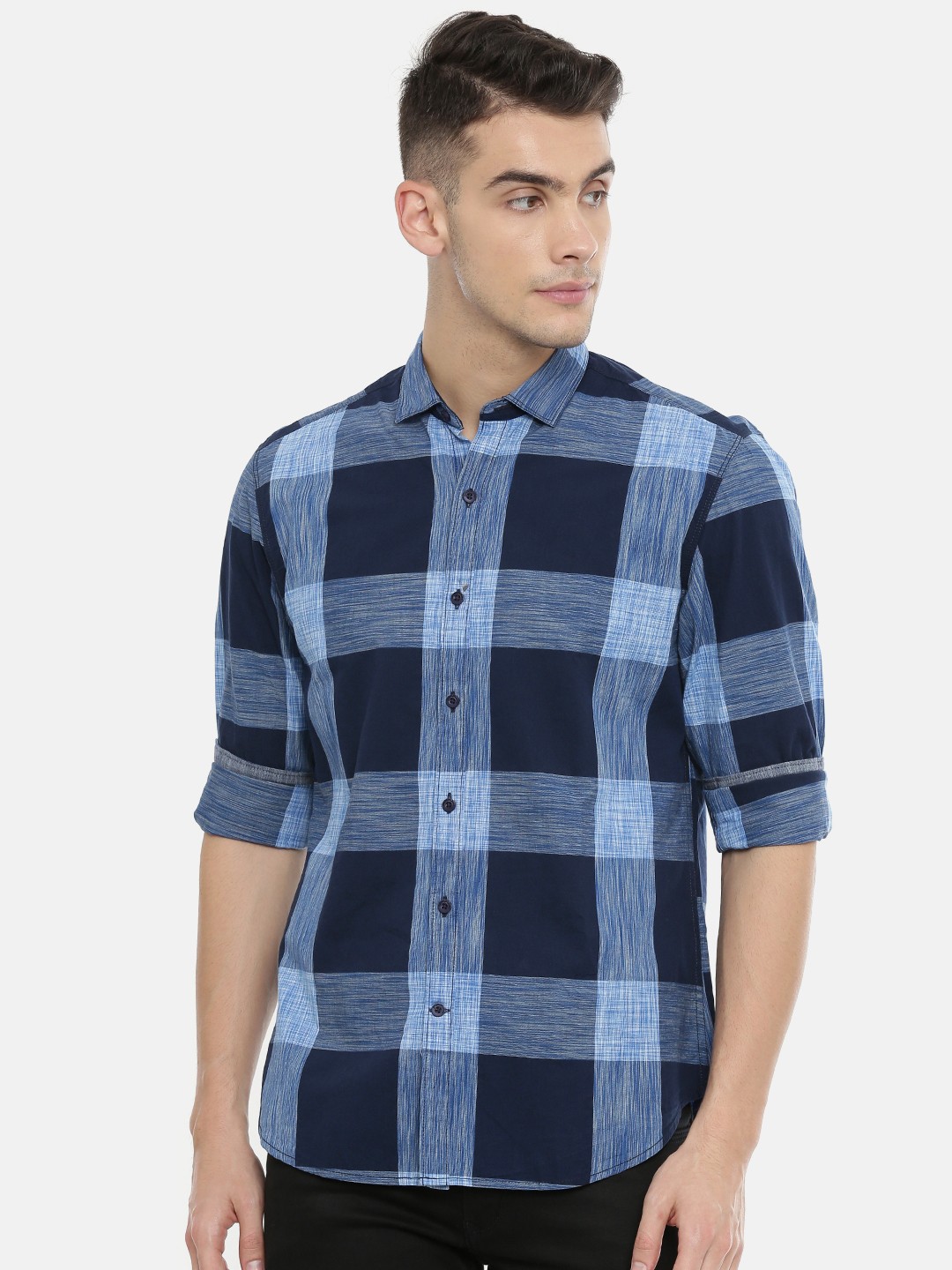 

John Players Men Navy Blue Trim Fit Checked Casual Shirt