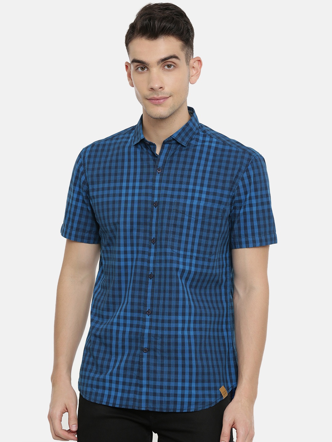 

John Players Men Blue Trim Fit Checked Casual Shirt