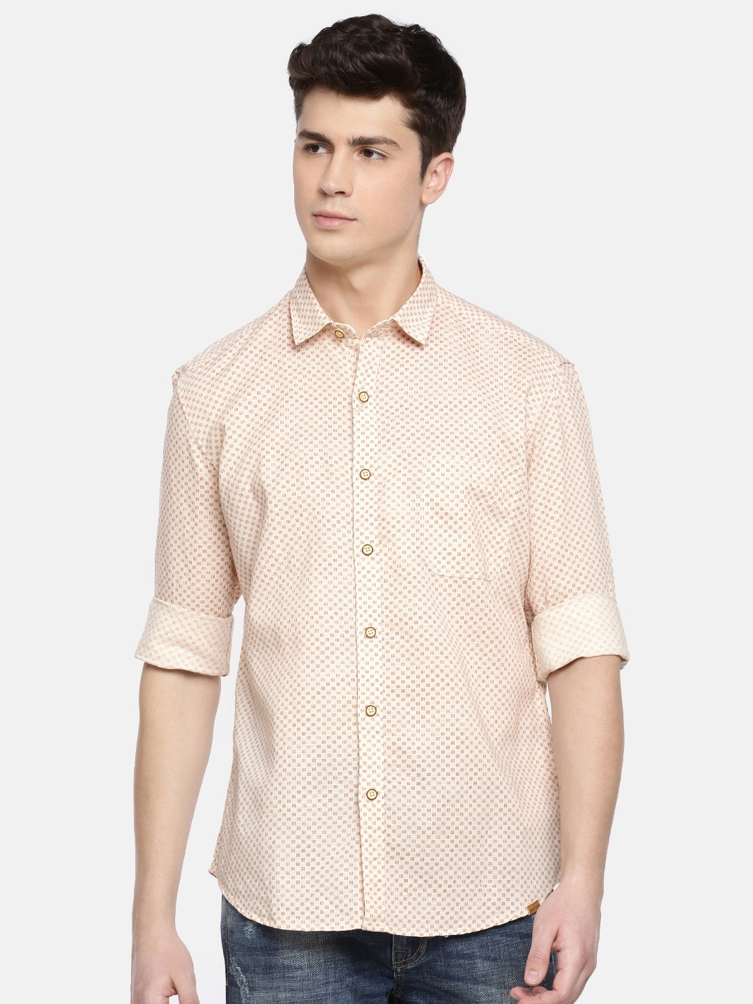 

John Players Men Beige & Red Trim Fit Printed Casual Shirt