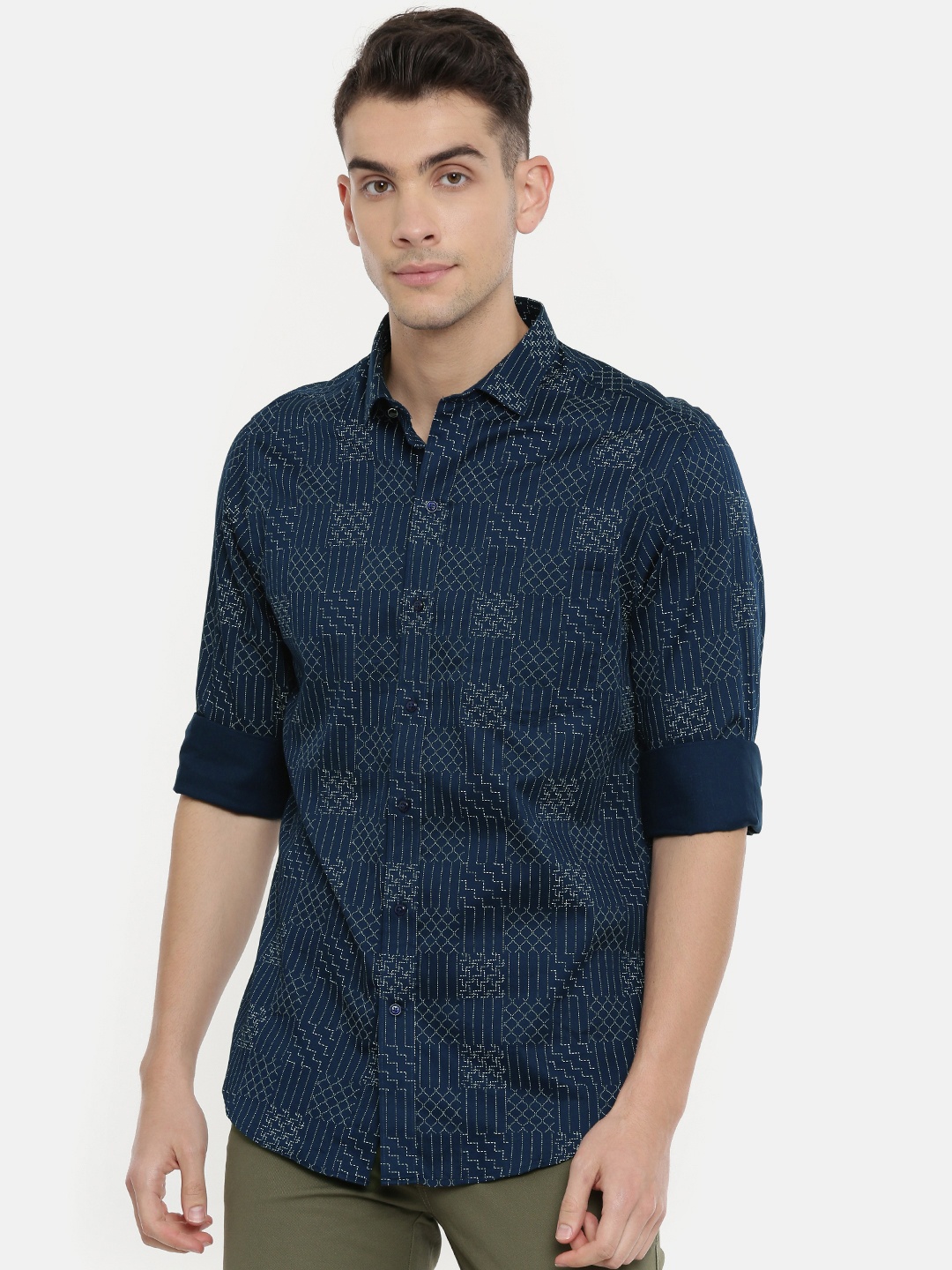 

John Players Men Navy Blue & White Slim Fit Printed Casual Shirt