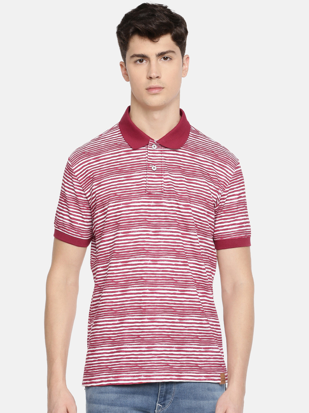 

John Players Men Maroon White Striped Slim Fit Polo Collar Pure Cotton T-shirt