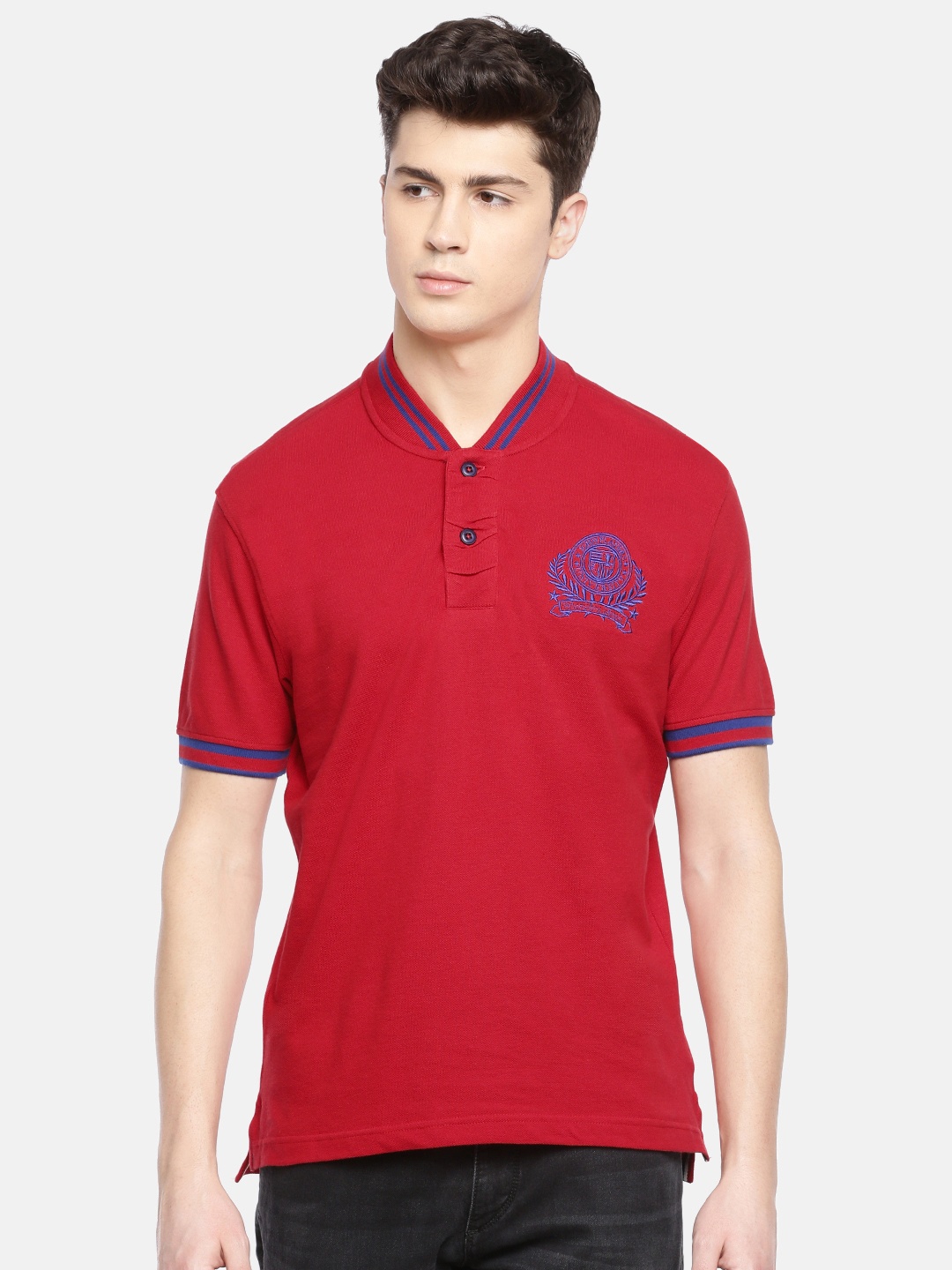

John Players Men Red Slim Fit Solid Stand Collar Pure Cotton T-shirt