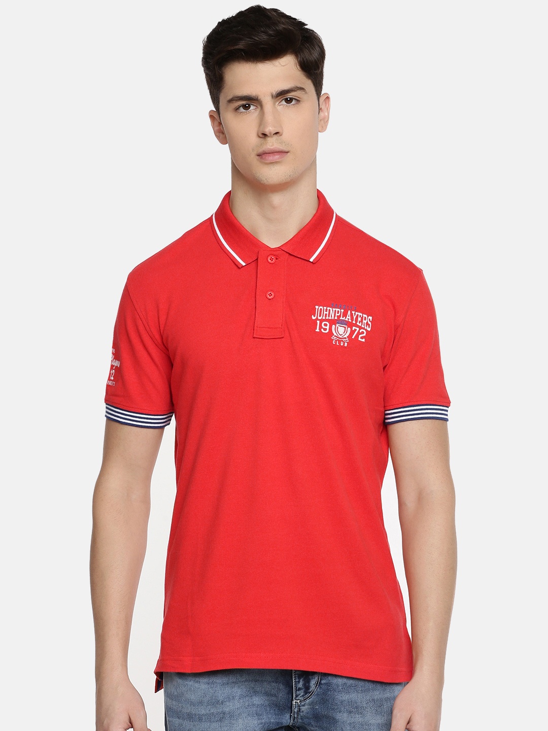 

John Players Men Red Solid Polo Collar T-shirt