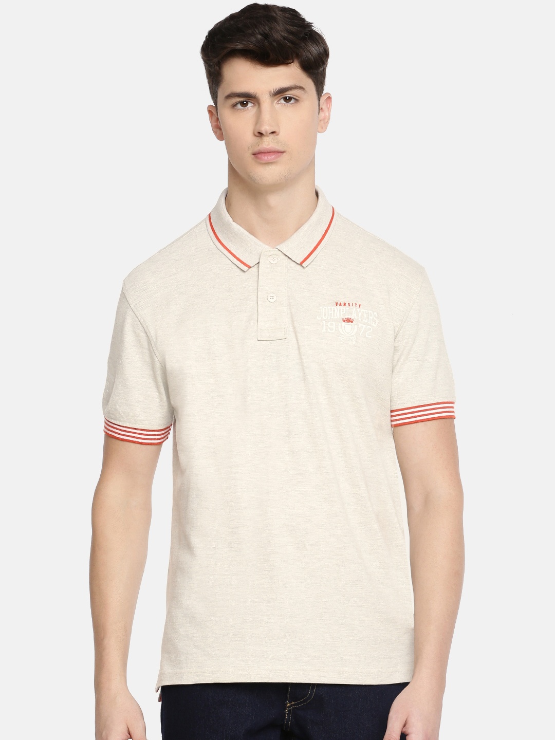 

John Players Men Off-White Solid Polo Collar T-shirt