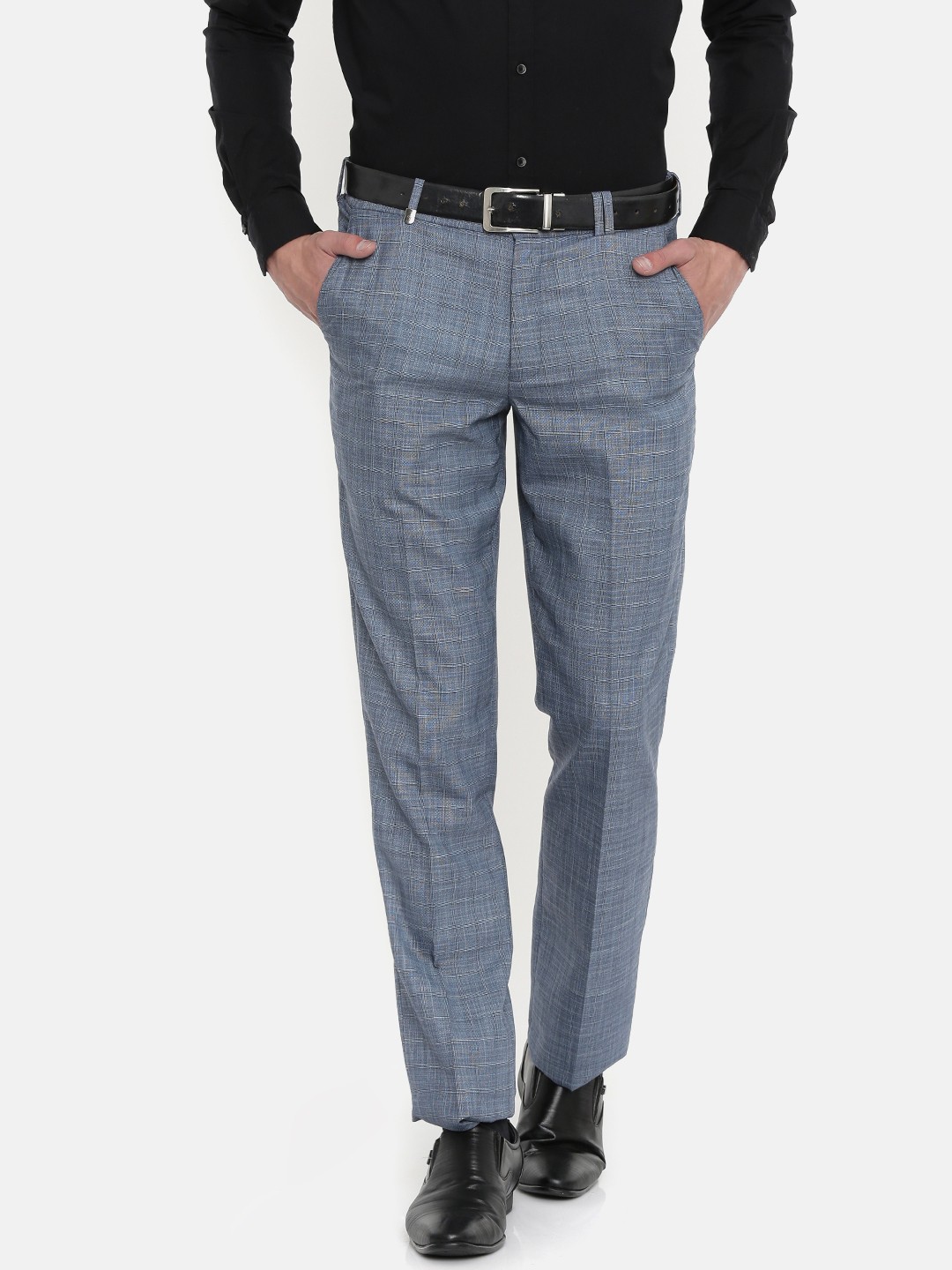 

John Players Men Blue Checked Formal Trousers