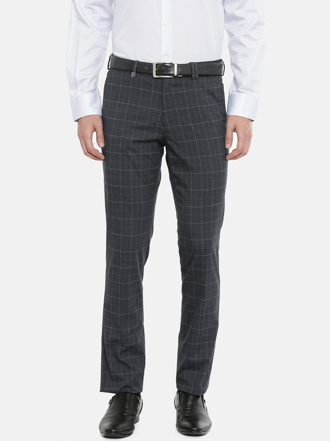 

John Players Men Charcoal Grey Slim Fit Checked Formal Trousers