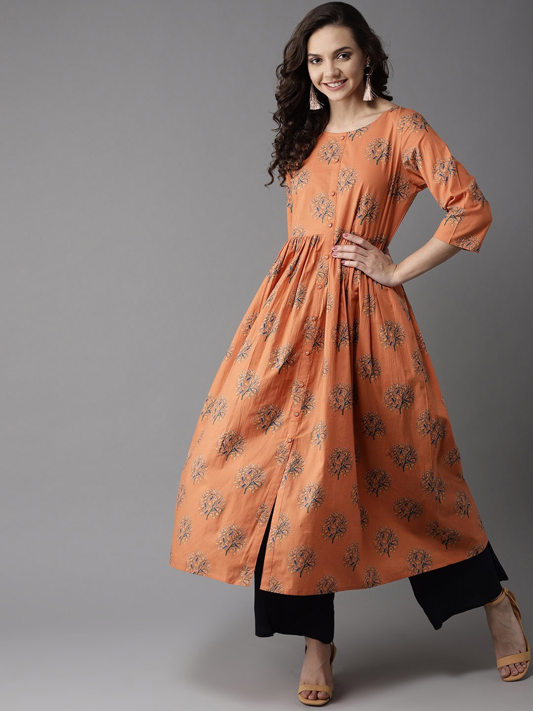 

HERE&NOW Women Orange & Blue Printed A-Line Kurta