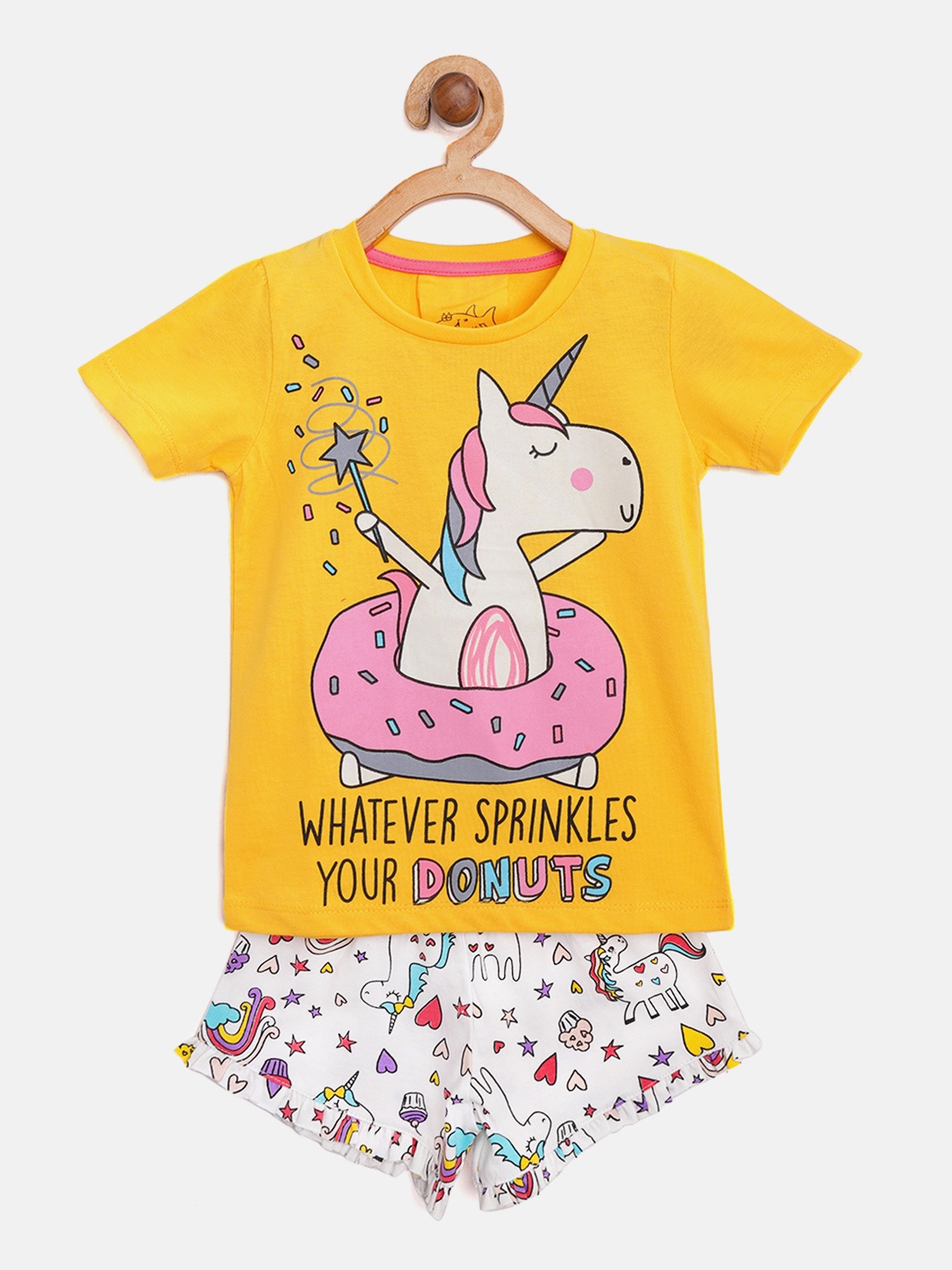 

Lazy Shark Girls Yellow & White Printed T-shirt with Shorts
