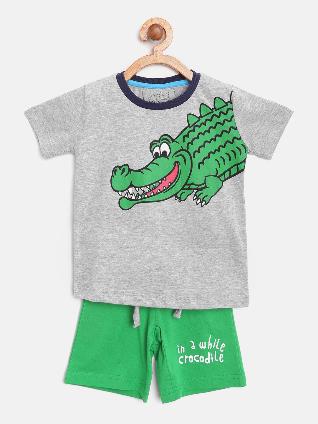 

Lazy Shark Boys Grey & Green Printed T-shirt with Shorts, Grey melange