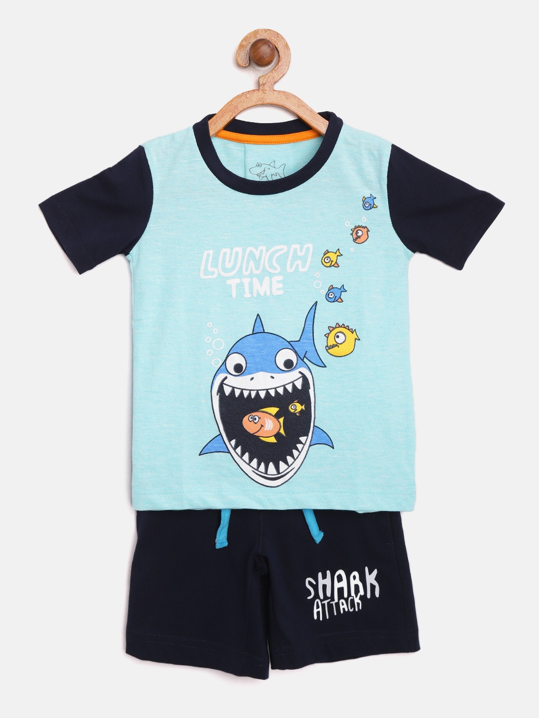 

Lazy Shark Boys Blue Printed T-shirt with Shorts