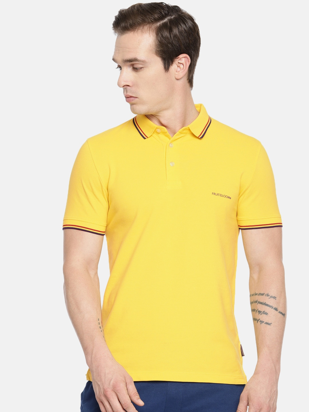 

Fruit of the loom Men Yellow Solid Polo Collar T-shirt