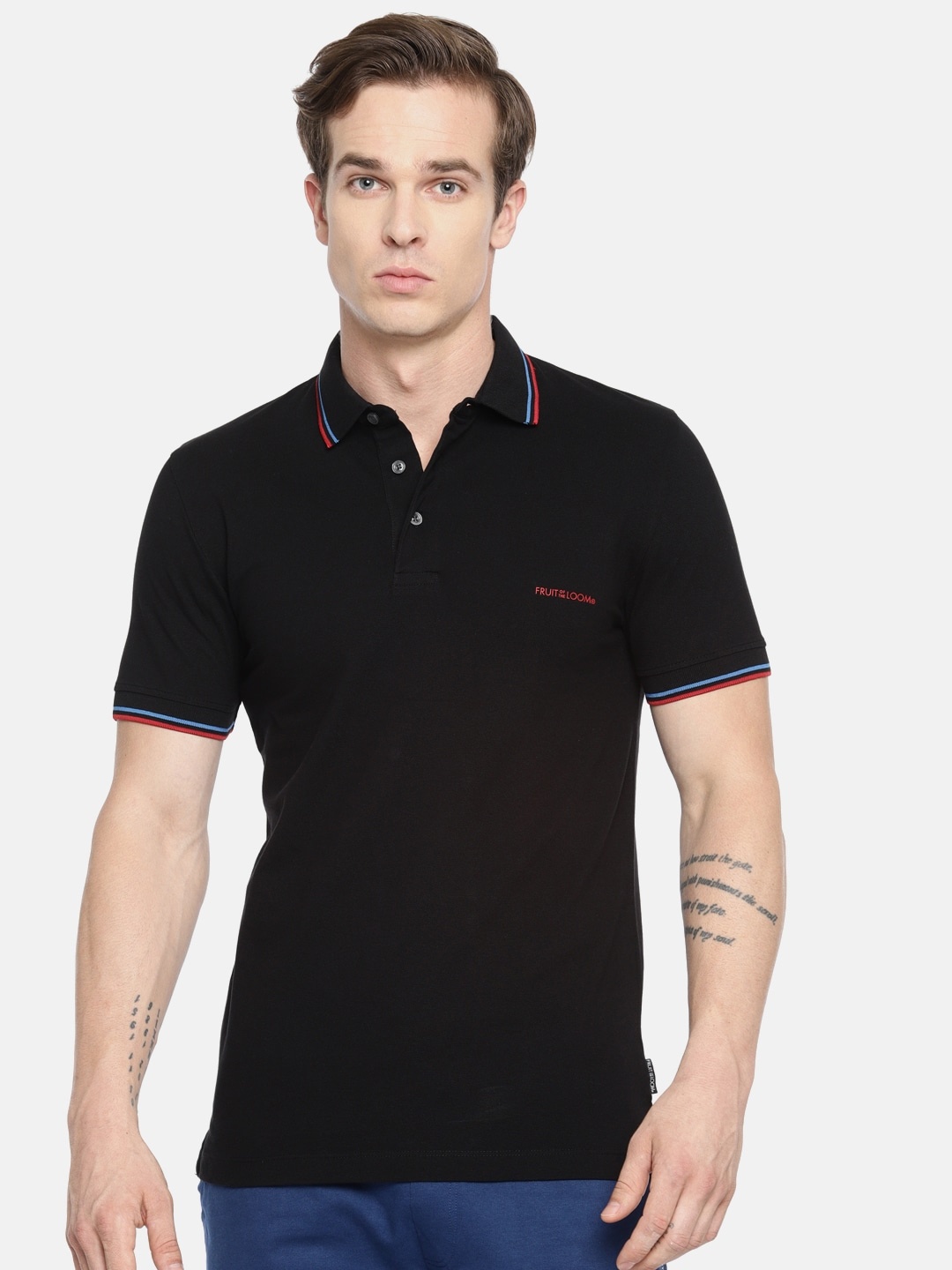 

Fruit of the loom Men Black Solid Polo Collar T-shirt