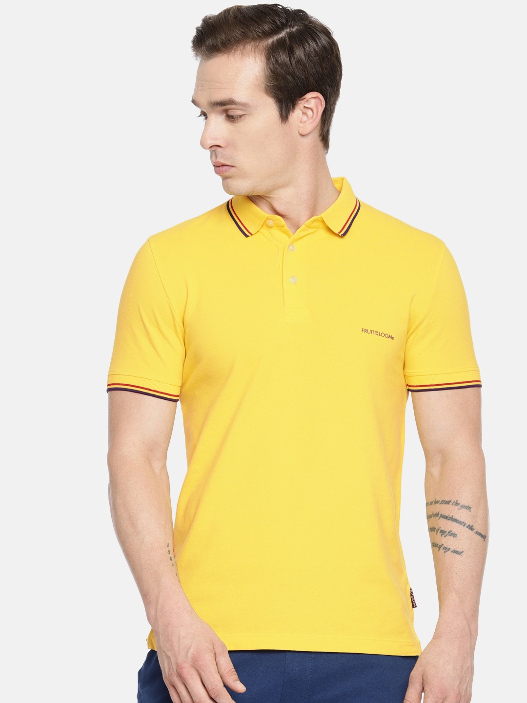 

Fruit of the loom Men Yellow Solid Polo Collar T-shirt