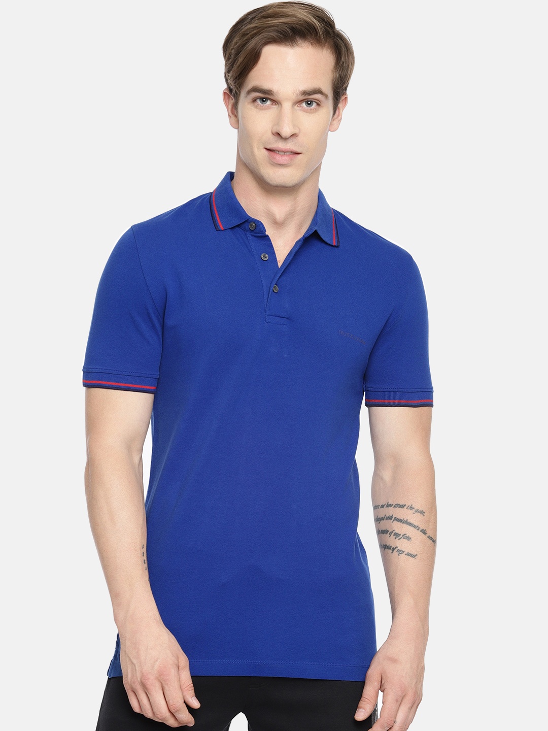 

Fruit of the loom Men Blue Solid Polo Collar T-shirt