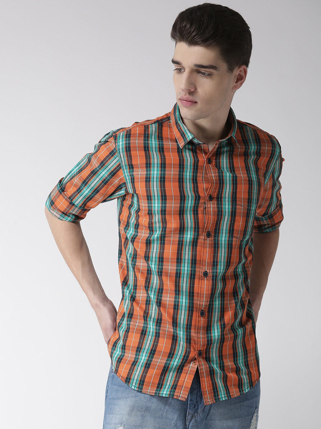 

Richlook Men Orange & Green Slim Fit Checked Casual Shirt