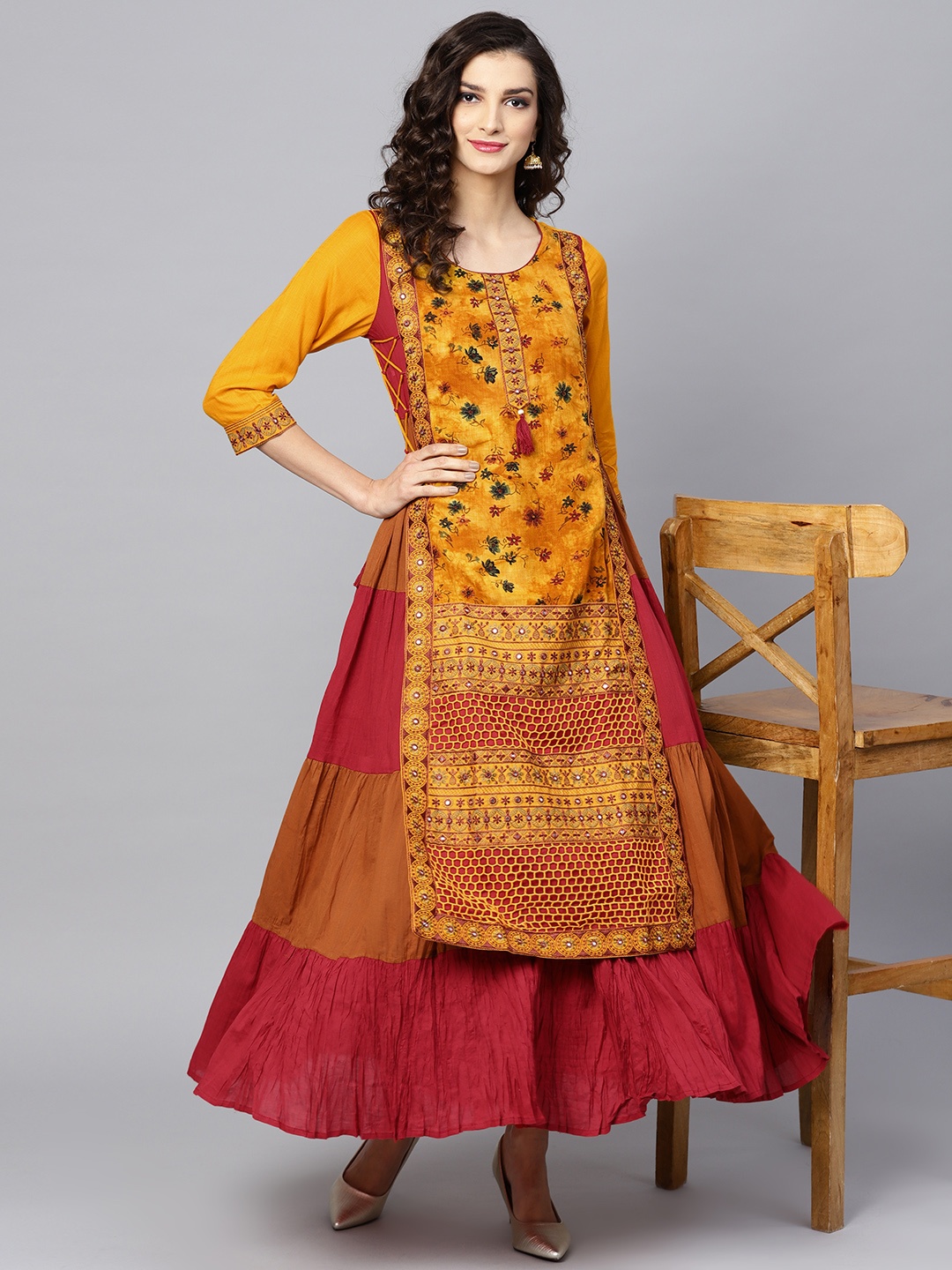 

Ishin Women Mustard Yellow & Maroon Printed Maxi Layered Dress