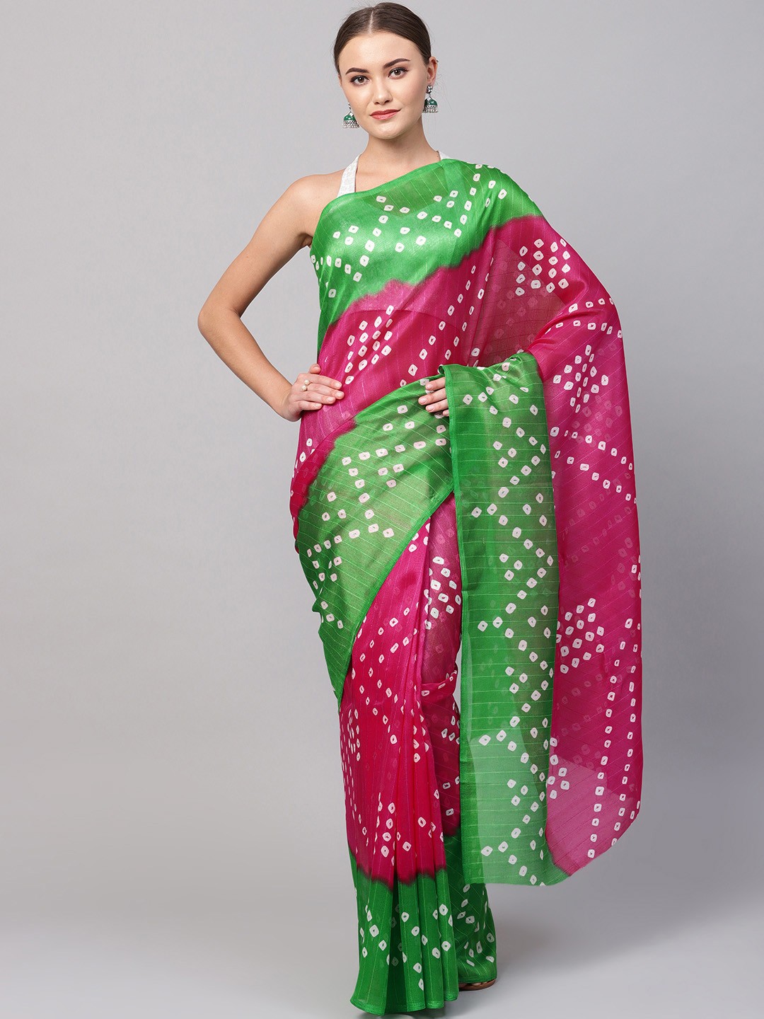 

Ishin Green & Pink Bandhani Print Saree