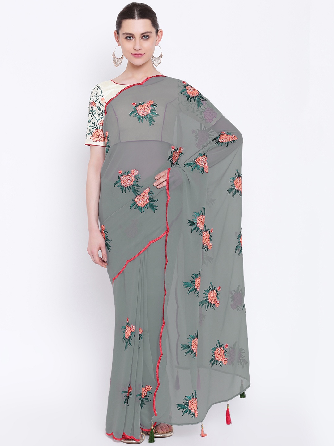 

Kvsfab Grey Embroidered Poly Georgette Saree