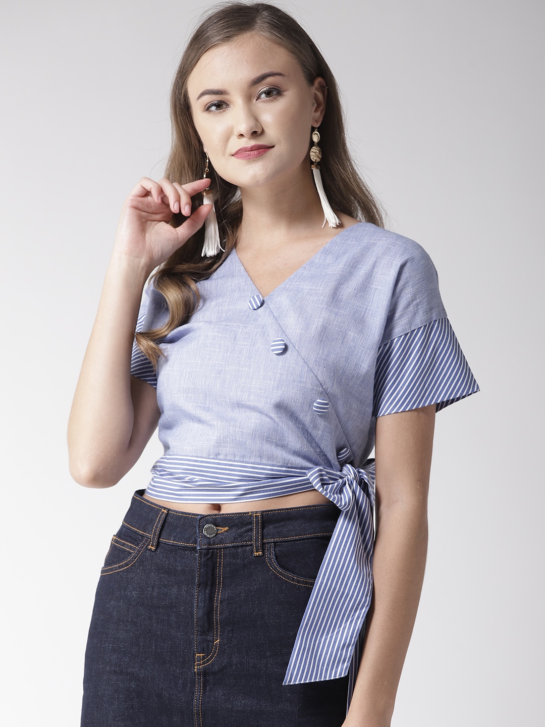 

Style Quotient Women Blue Solid Crop Wrap Pure Cotton Top