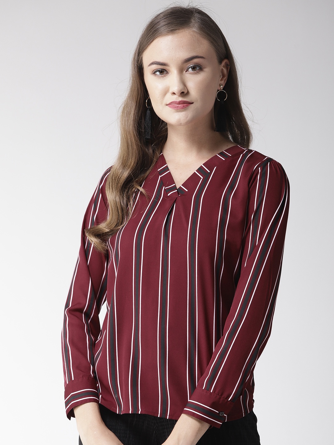 

Style Quotient Women Burgundy Striped Top