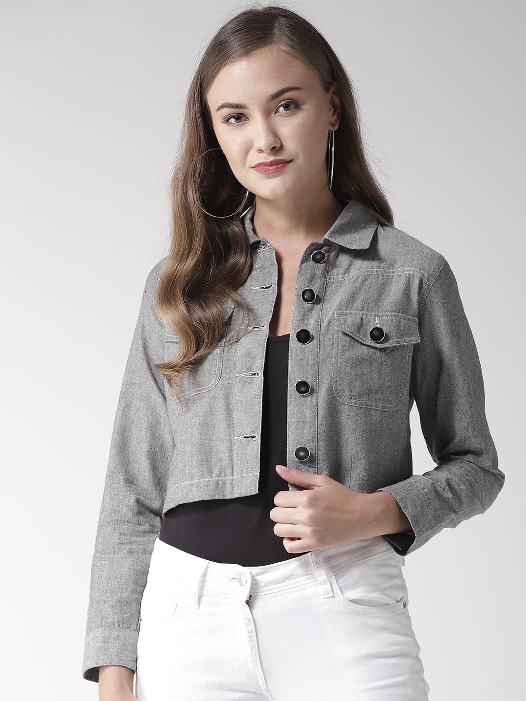 

Style Quotient Women Grey Chambray Regular Fit Solid Casual Crop Shacket