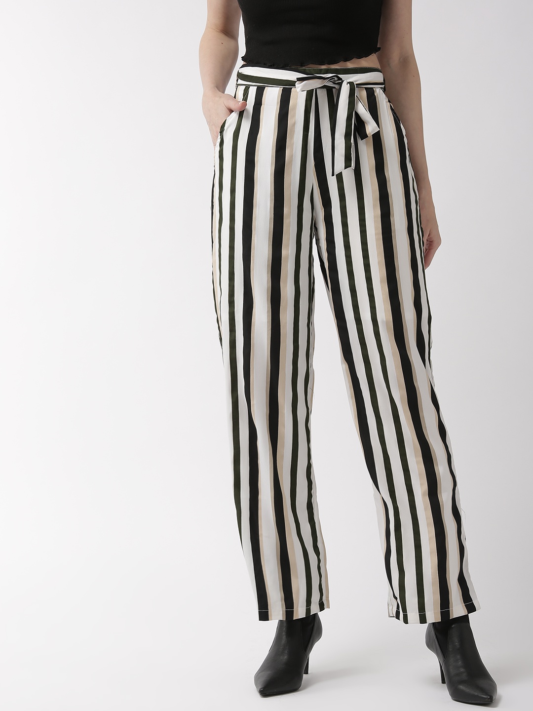 

Style Quotient Women Off-White & Black Relaxed Regular Fit Striped Regular Trousers