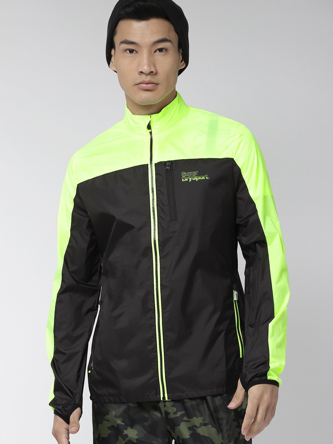 

Superdry Men Black & Flourescent Green Active Fit Colourblocked Sporty Running Jacket