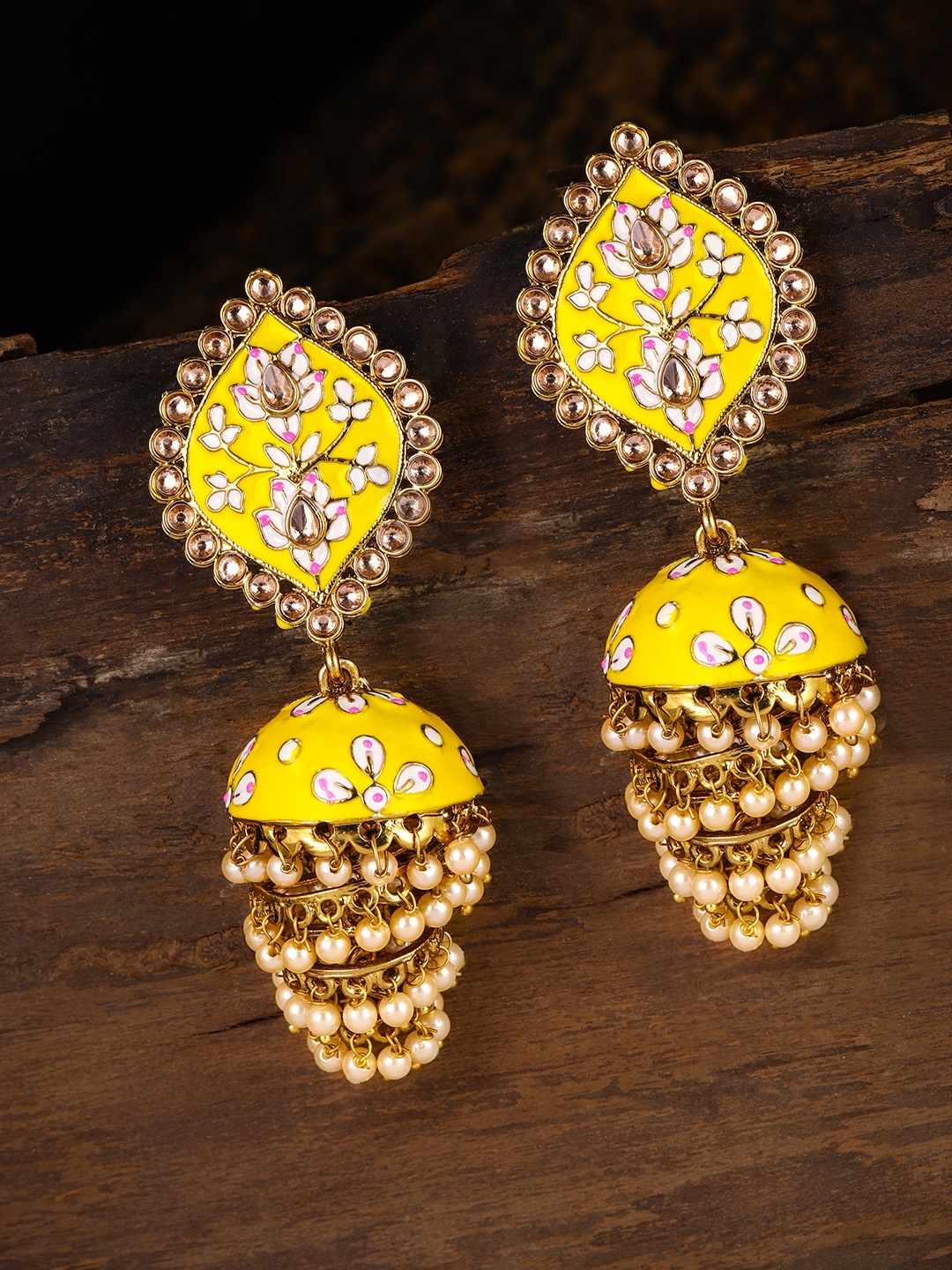 

Zaveri Pearls Gold-Toned & Yellow Enamelled Antique Dome Shaped Jhumkas
